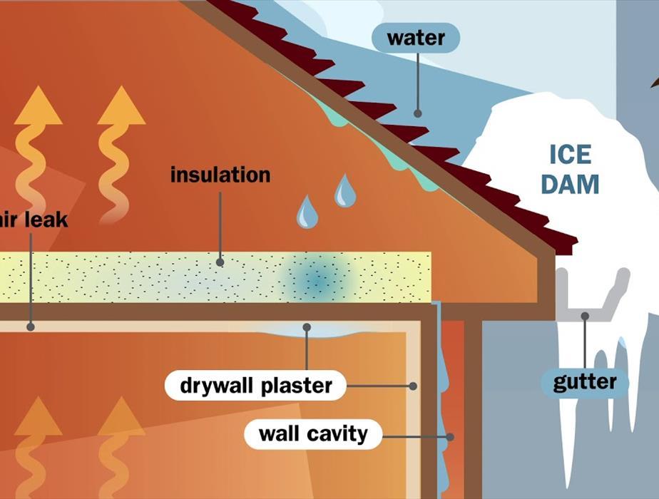 Ice dam diagram showing the effects of water flowing back into the roof shingles. 